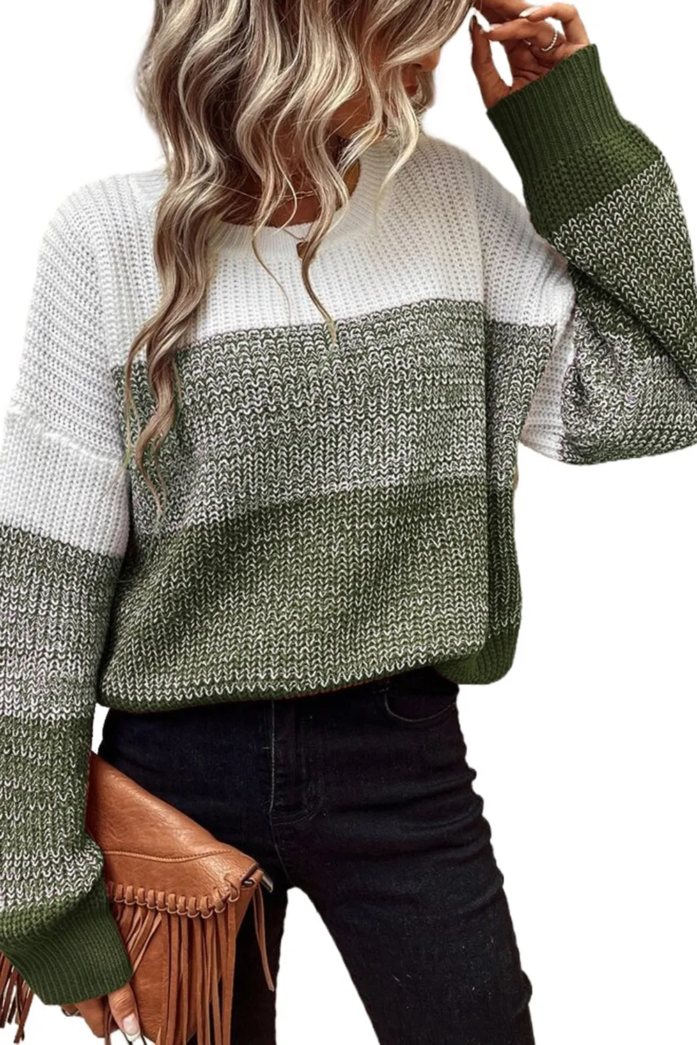 Color Block Drop Shoulder Ribbed Trim Sweater