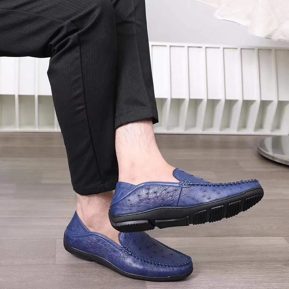 Crocodile Shoes Mens  Slip On Casual Fashion Ostrich Leather Penny Loafer Shoes Dark Blue