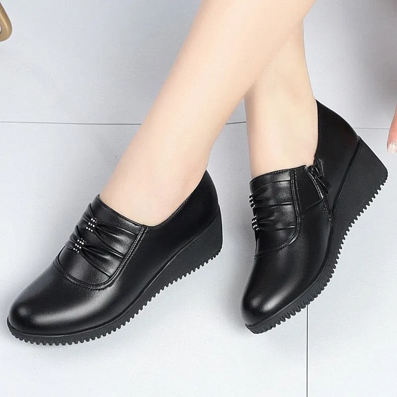 Genuine Leather Slip-On Round Toe Casual Platform Shoes