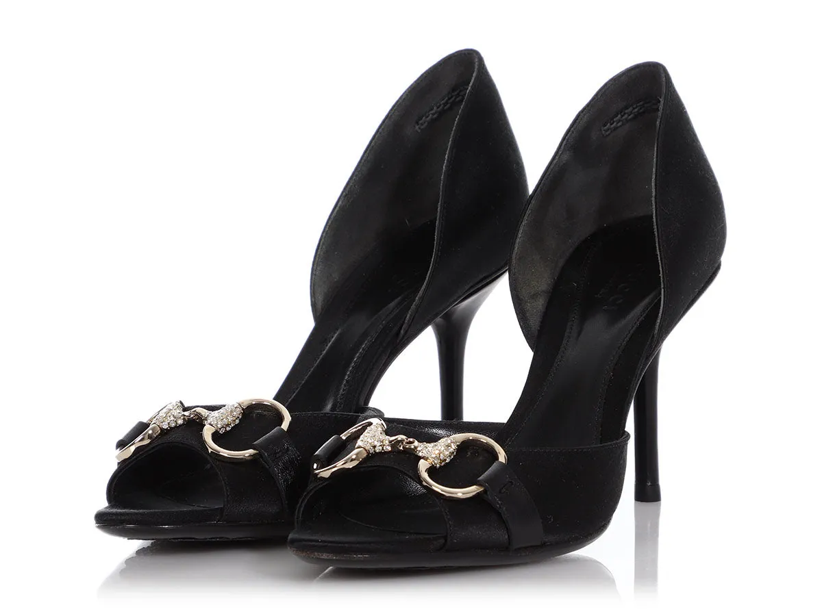 Gucci Black Satin Crystal Horsebit D'Orsay Peep-Toe Pumps