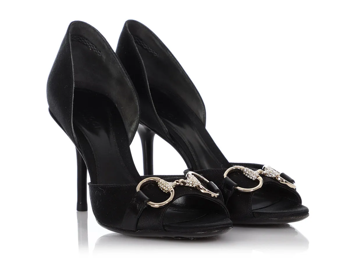 Gucci Black Satin Crystal Horsebit D'Orsay Peep-Toe Pumps