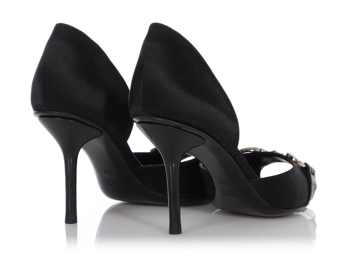 Gucci Black Satin Crystal Horsebit D'Orsay Peep-Toe Pumps