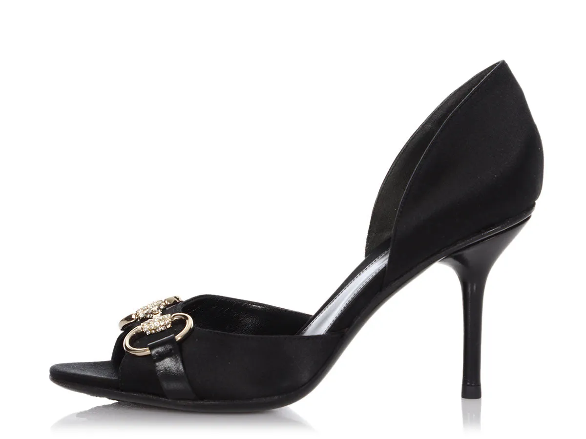 Gucci Black Satin Crystal Horsebit D'Orsay Peep-Toe Pumps