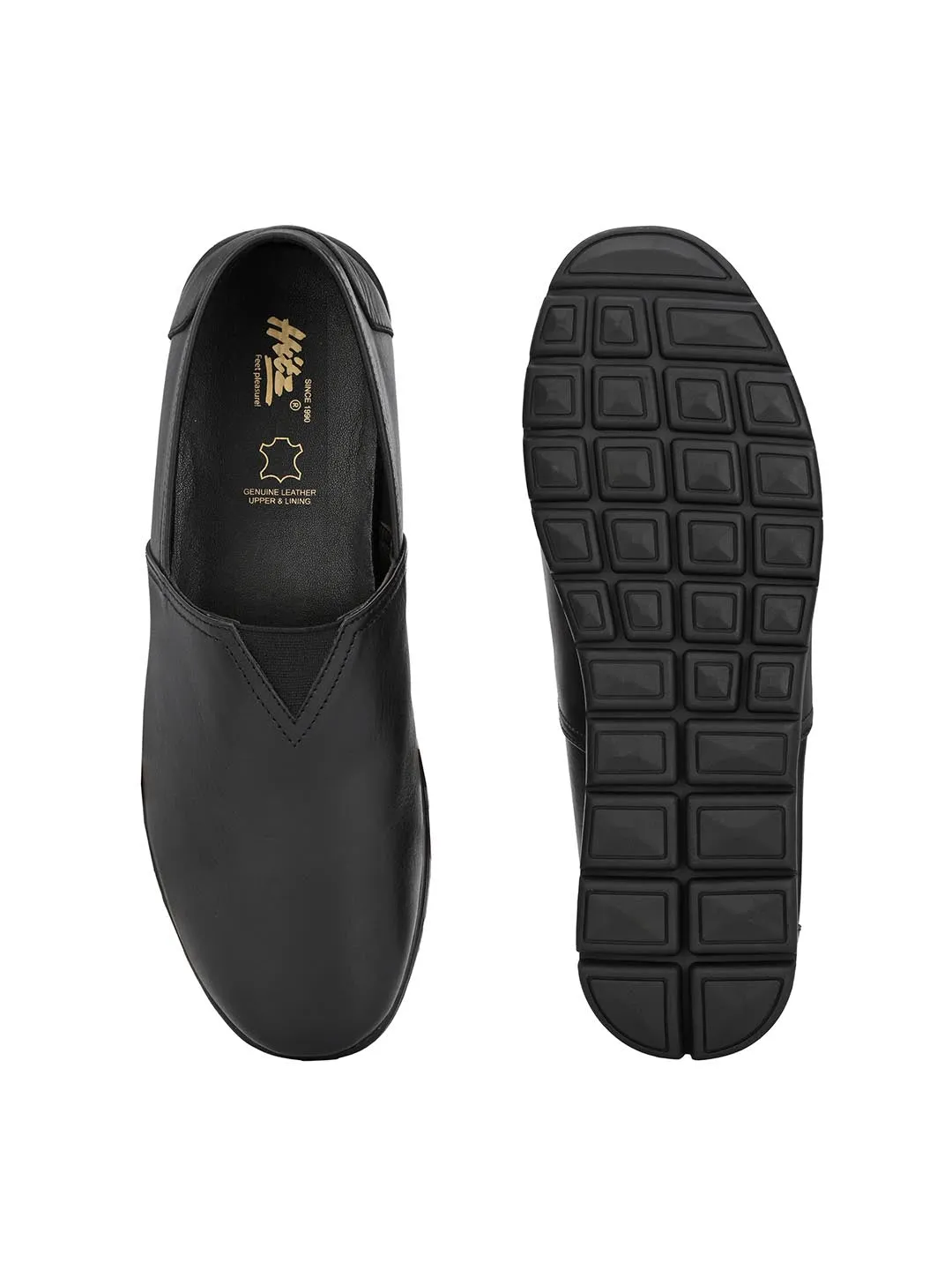 Hitz Men's Black Leather Slip On Casual Shoes