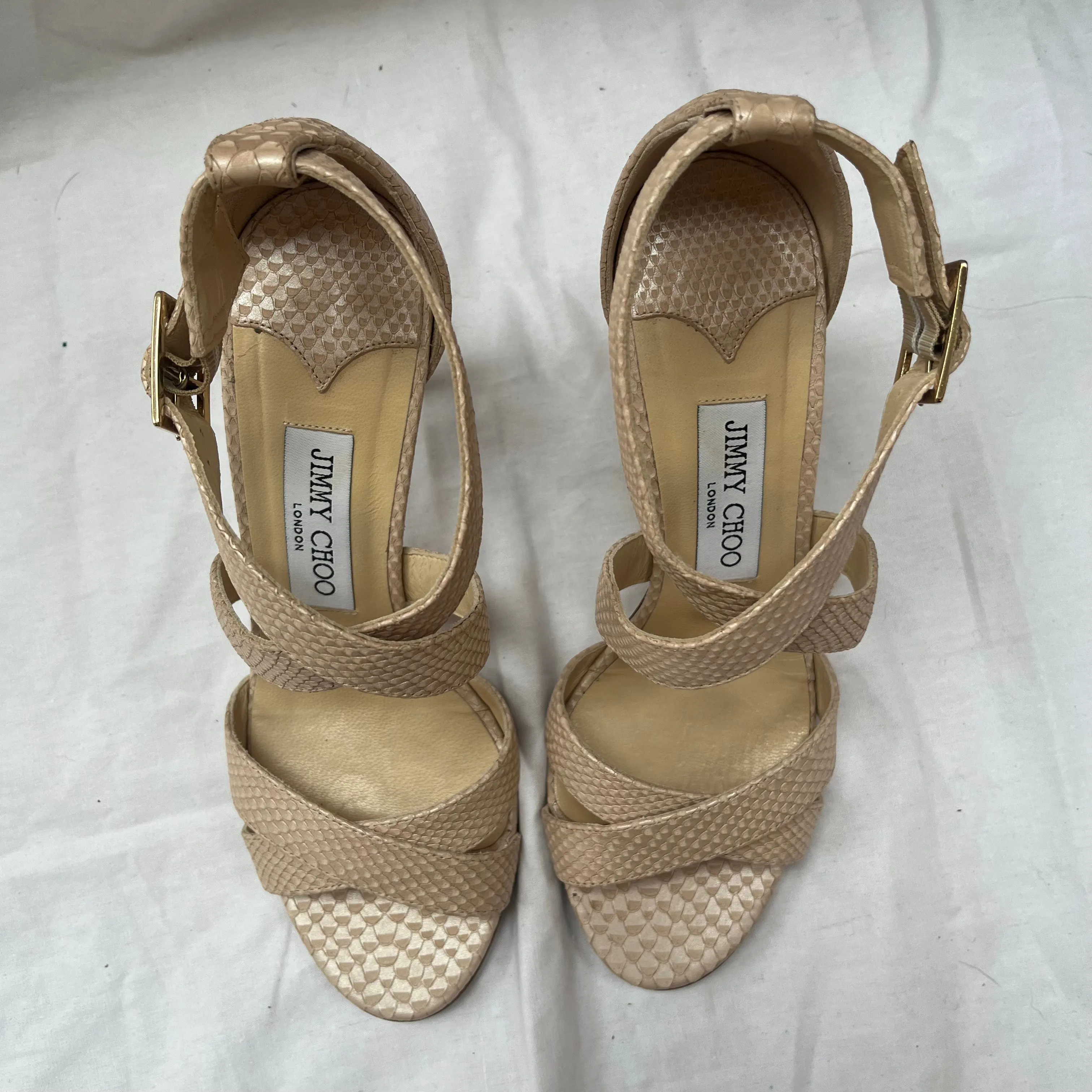 Jimmy Choo £475 Nude Pearl Printed Leather Louise Sandals 37.5