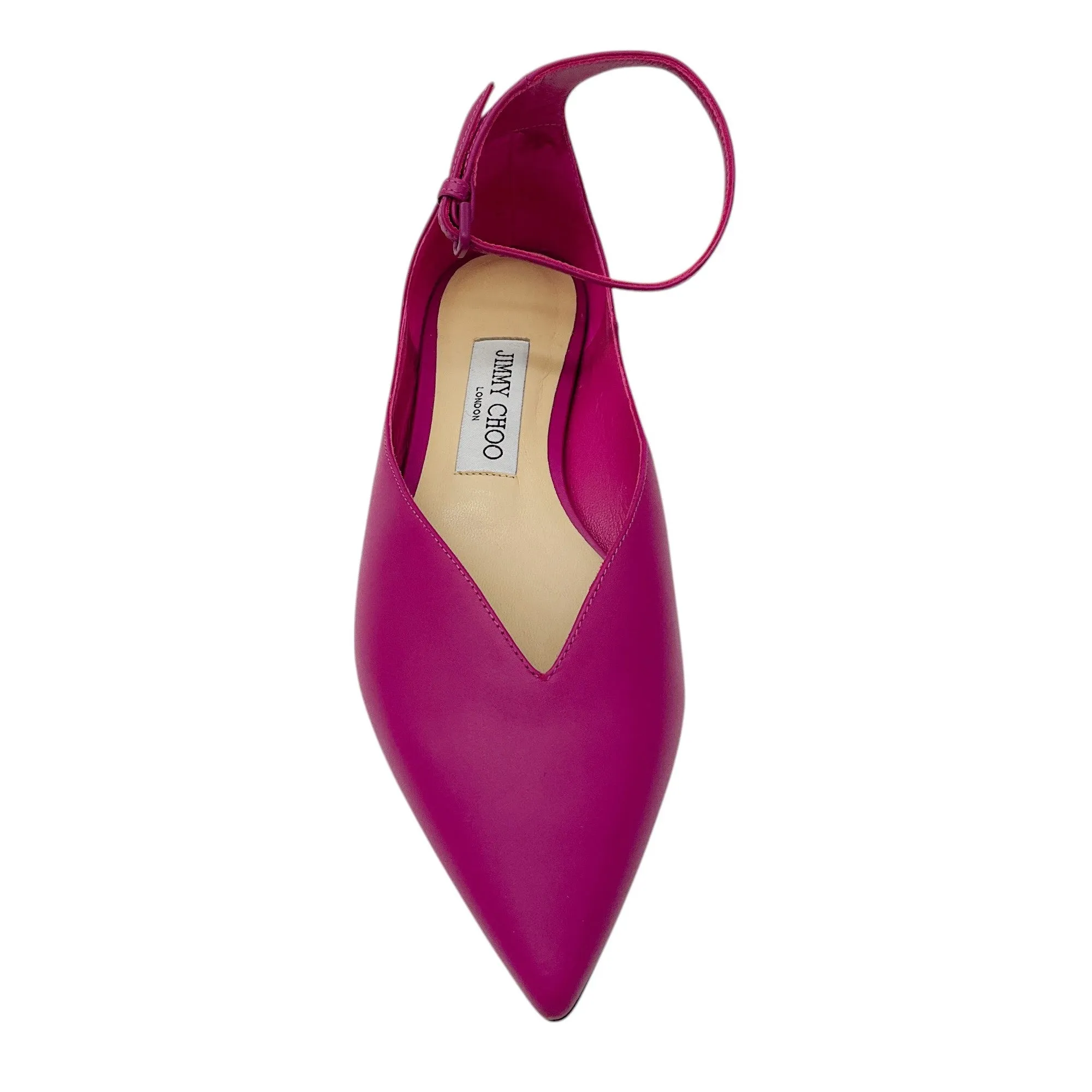 Jimmy Choo Magenta Pointed Toe Ankle Strap Leather Ballet Flats