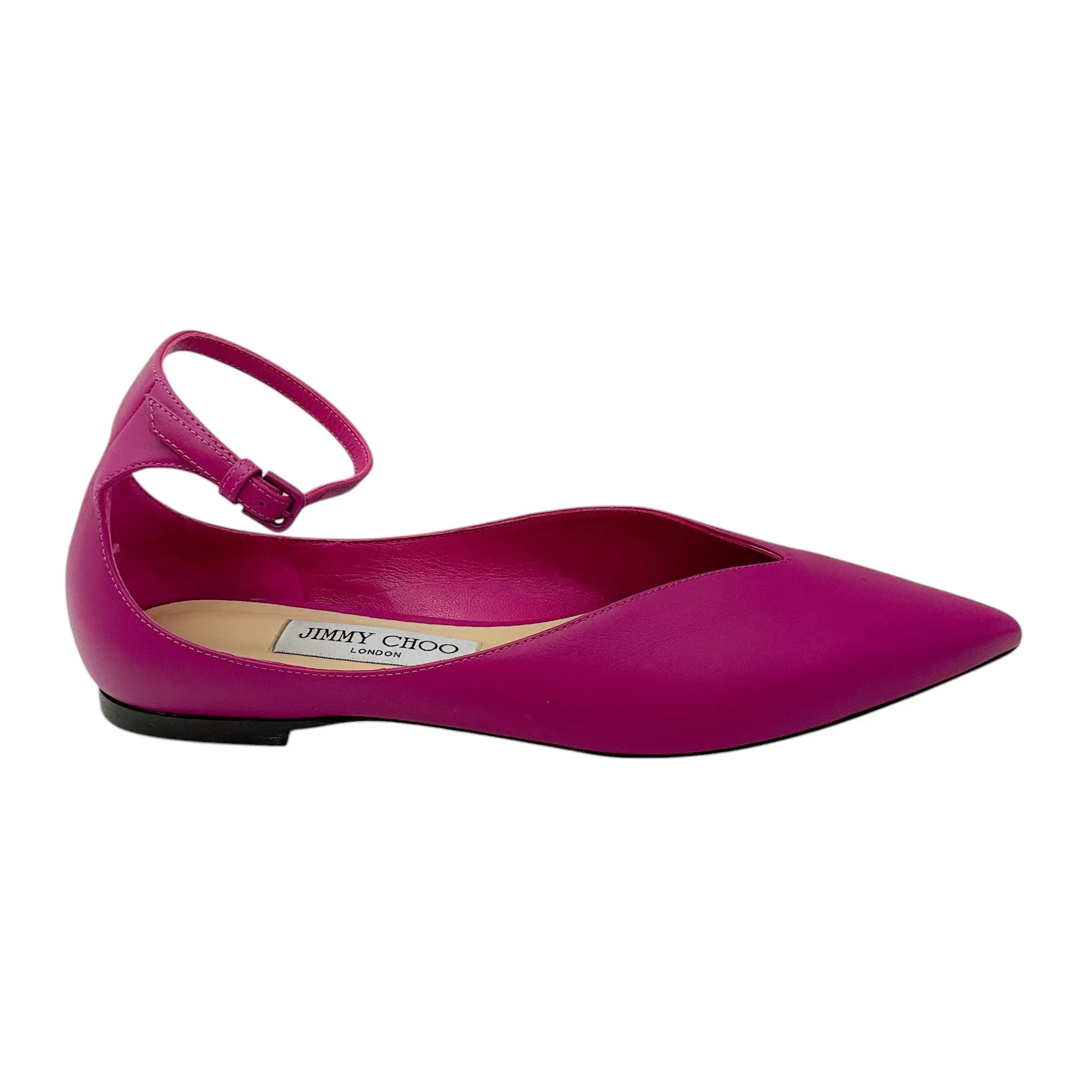 Jimmy Choo Magenta Pointed Toe Ankle Strap Leather Ballet Flats