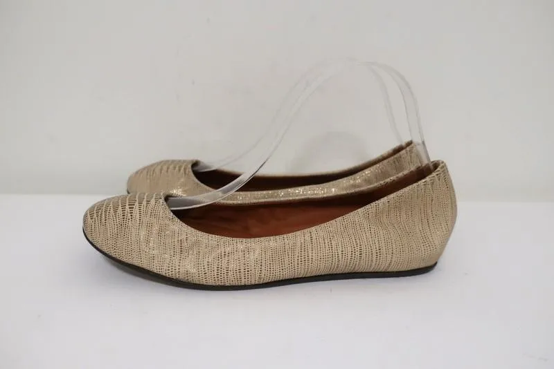 Lanvin Ballet Flats Cream/Gold Lizard-Embossed Leather Size 38.5