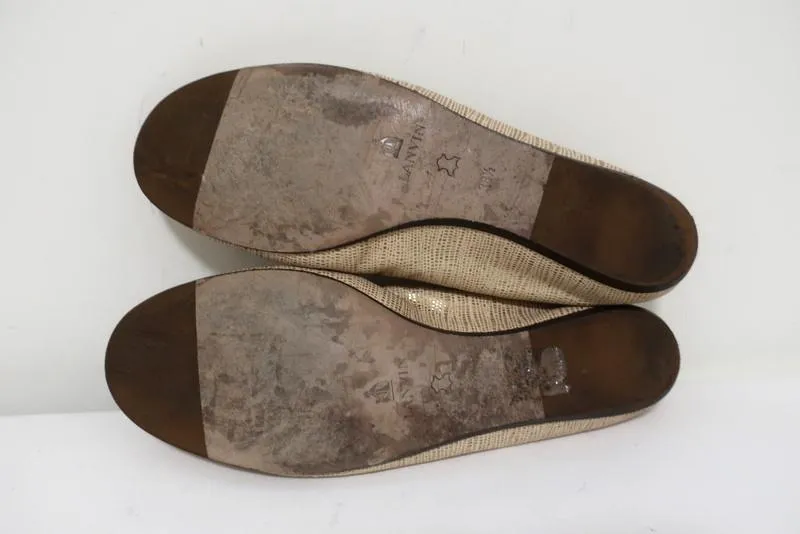 Lanvin Ballet Flats Cream/Gold Lizard-Embossed Leather Size 38.5