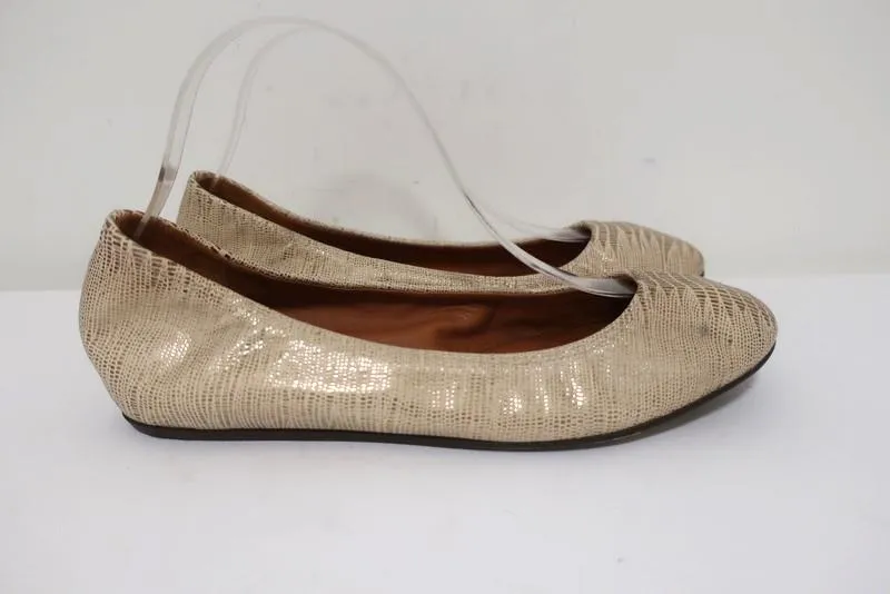 Lanvin Ballet Flats Cream/Gold Lizard-Embossed Leather Size 38.5