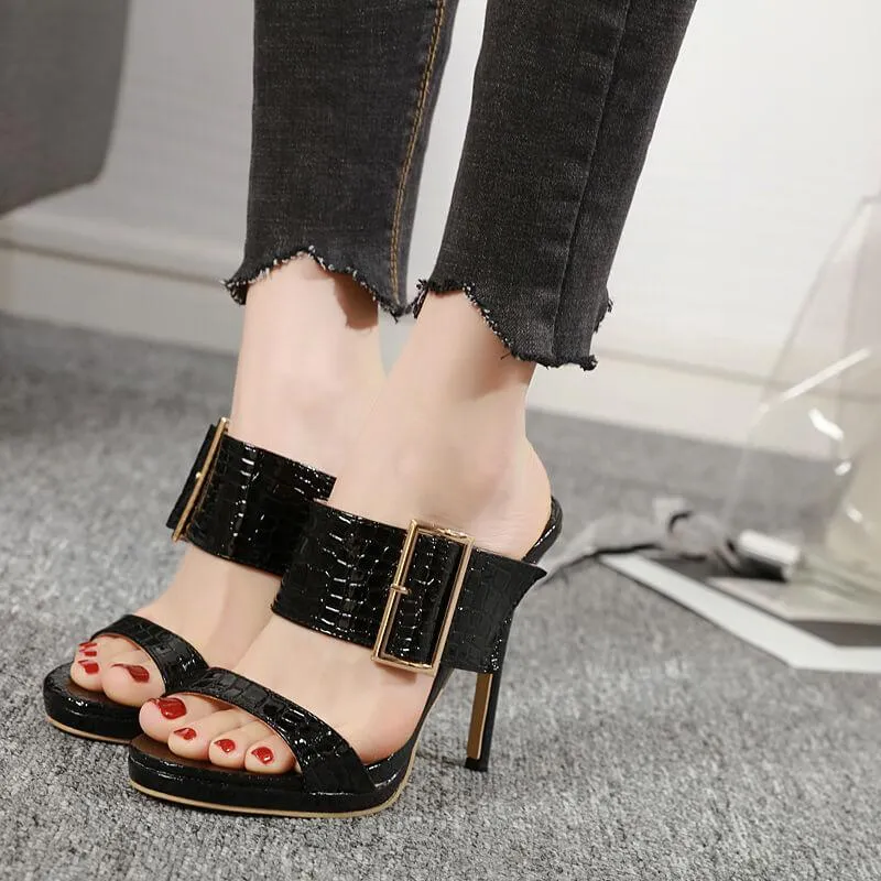 Leather Black Plain High Heel Buckle Mule Sandals