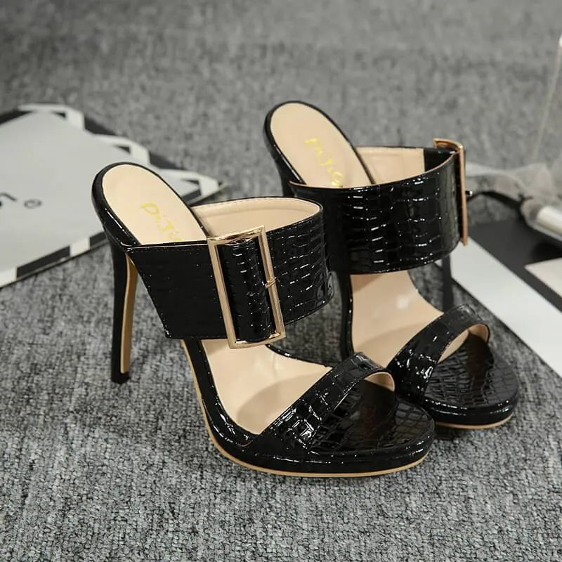 Leather Black Plain High Heel Buckle Mule Sandals