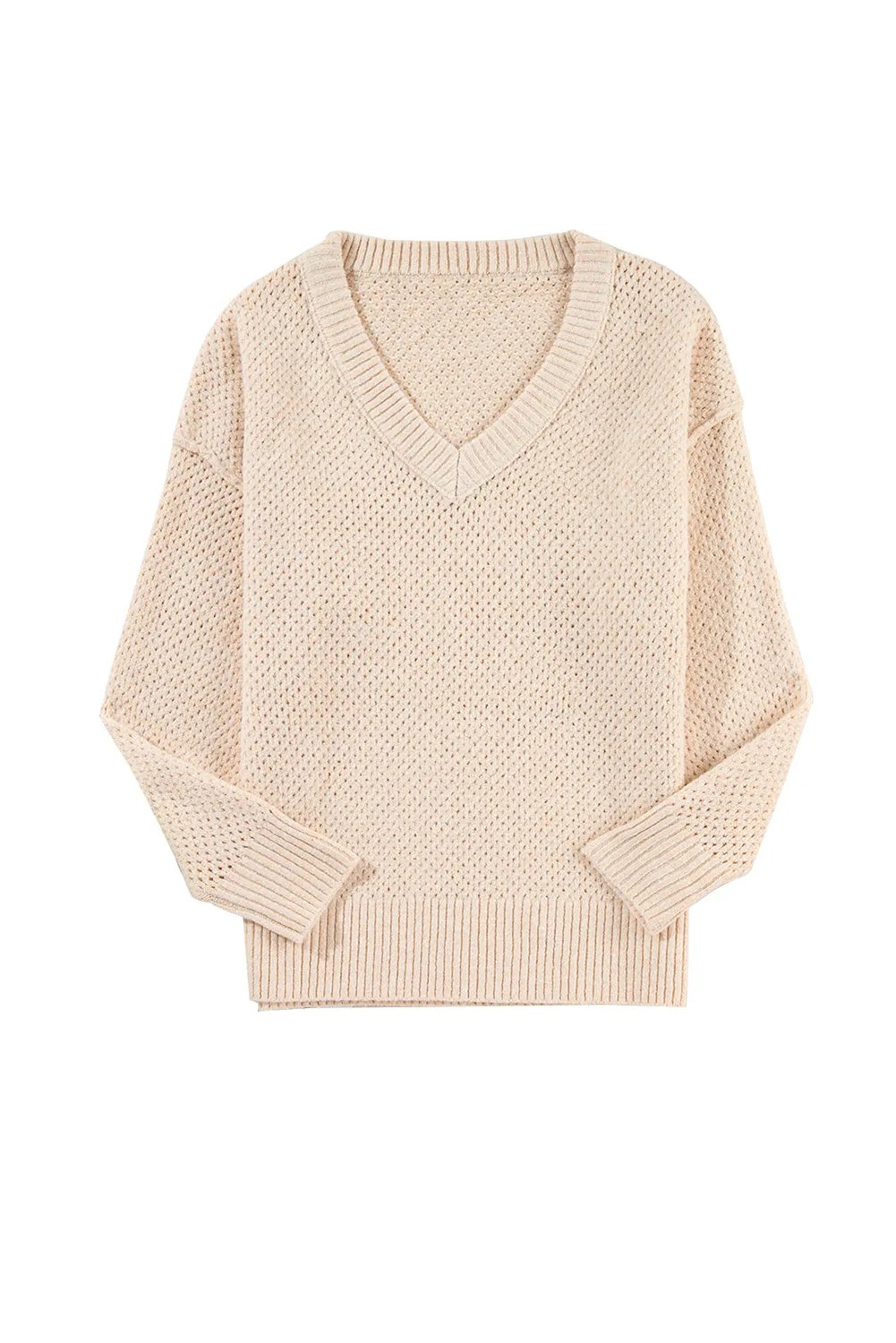 Light Grey Oversized V Neck Drop Shoulder Sweater with Eyelet Detail