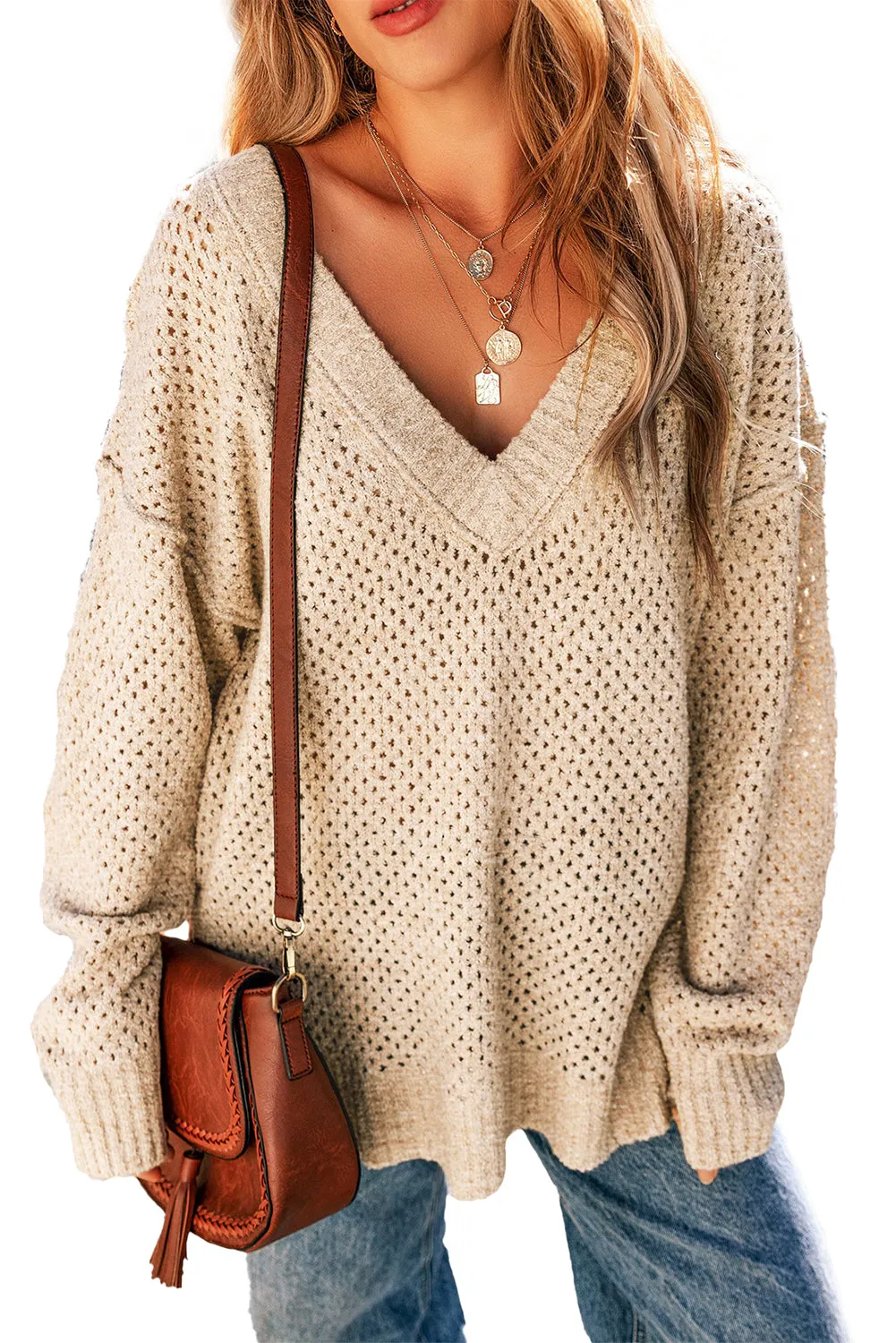 Light Grey Oversized V Neck Drop Shoulder Sweater with Eyelet Detail