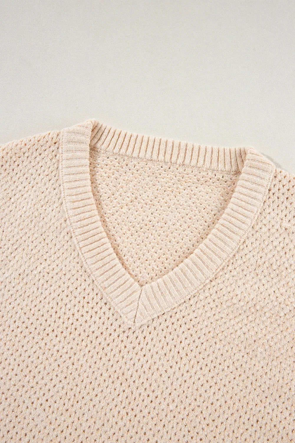 Light Grey Oversized V Neck Drop Shoulder Sweater with Eyelet Detail