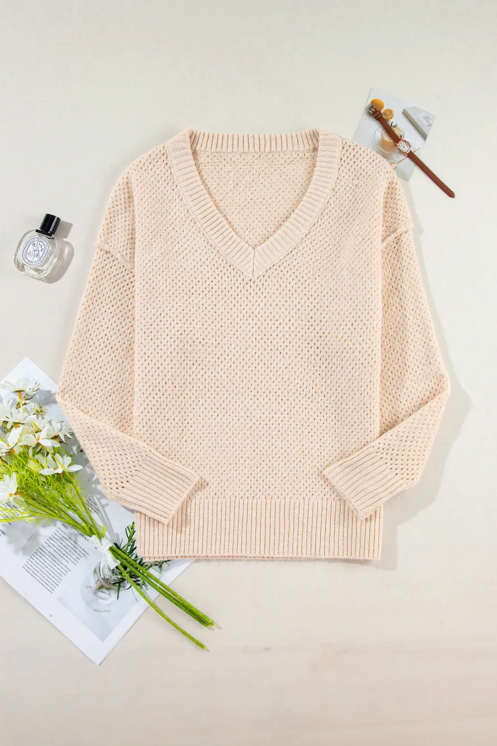 Light Grey Oversized V Neck Drop Shoulder Sweater with Eyelet Detail