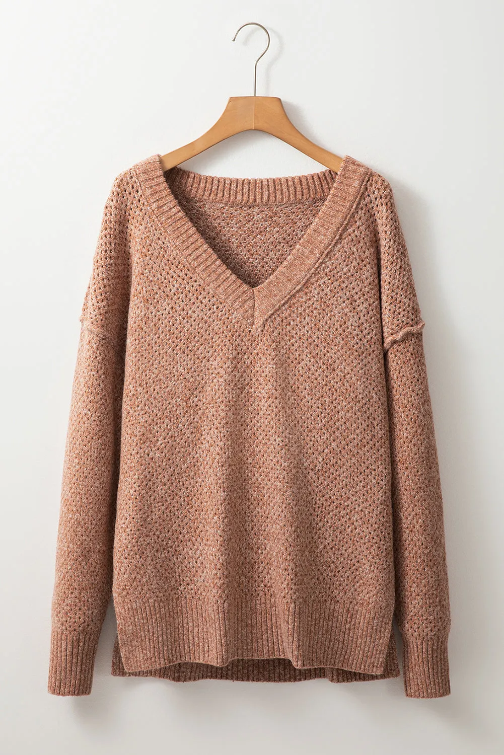 Light Grey Oversized V Neck Drop Shoulder Sweater with Eyelet Detail