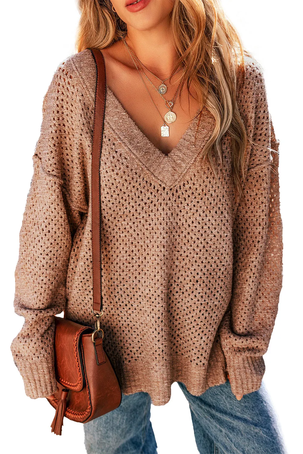 Light Grey Oversized V Neck Drop Shoulder Sweater with Eyelet Detail