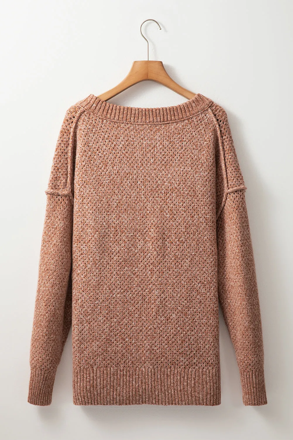 Light Grey Oversized V Neck Drop Shoulder Sweater with Eyelet Detail
