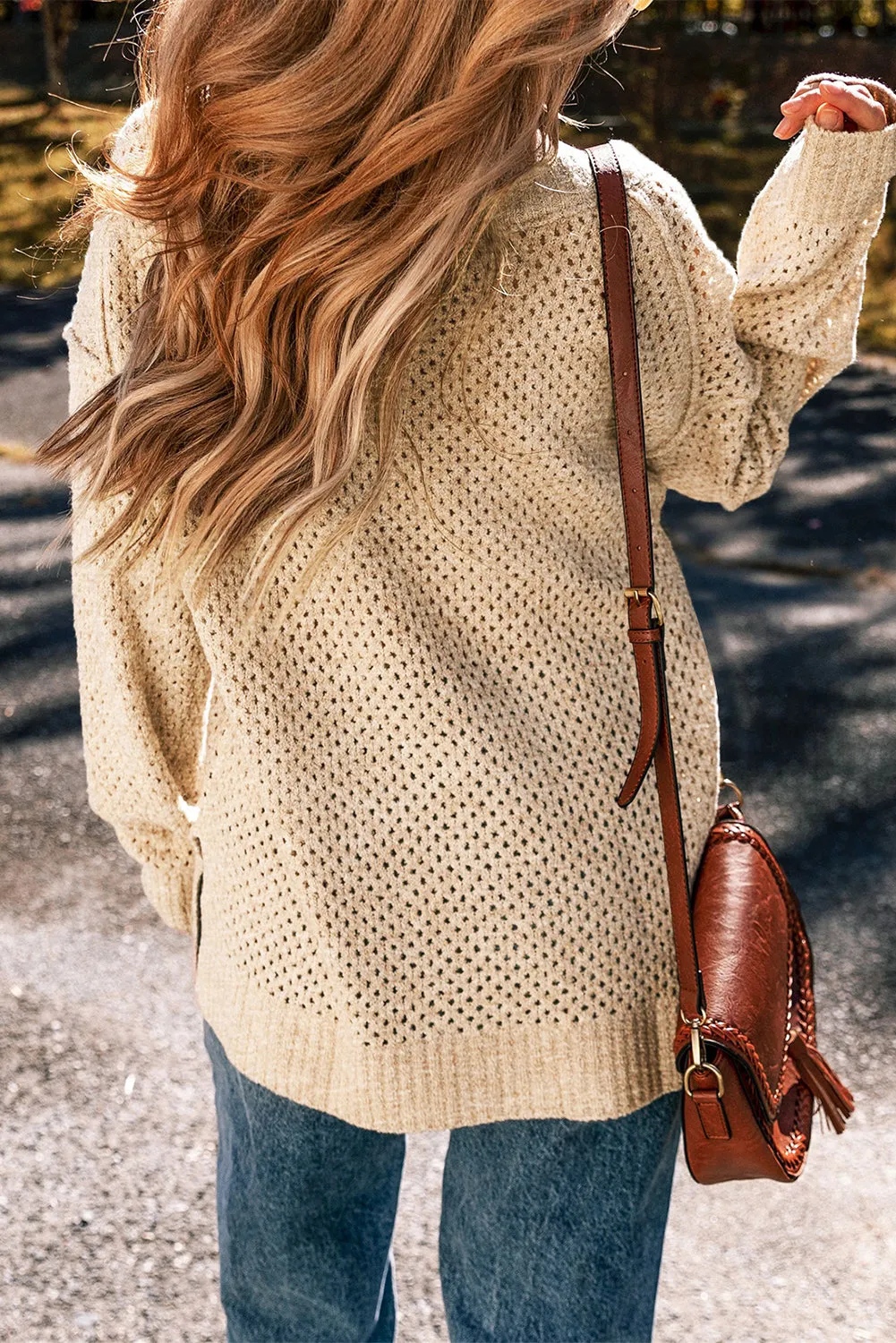 Light Grey Oversized V Neck Drop Shoulder Sweater with Eyelet Detail