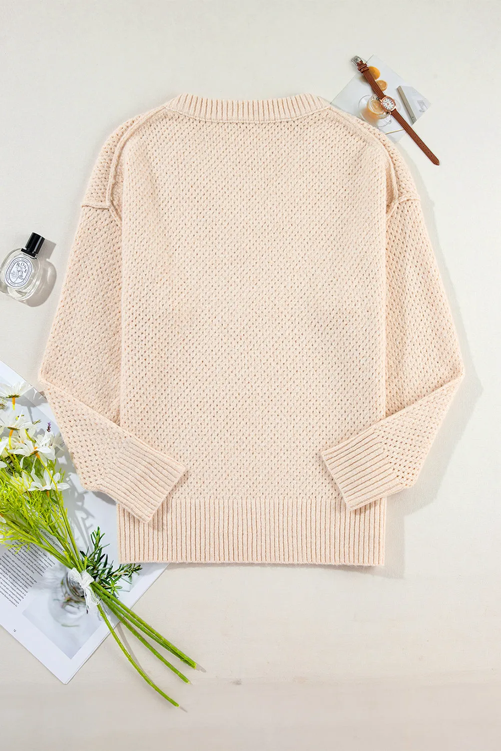 Light Grey Oversized V Neck Drop Shoulder Sweater with Eyelet Detail