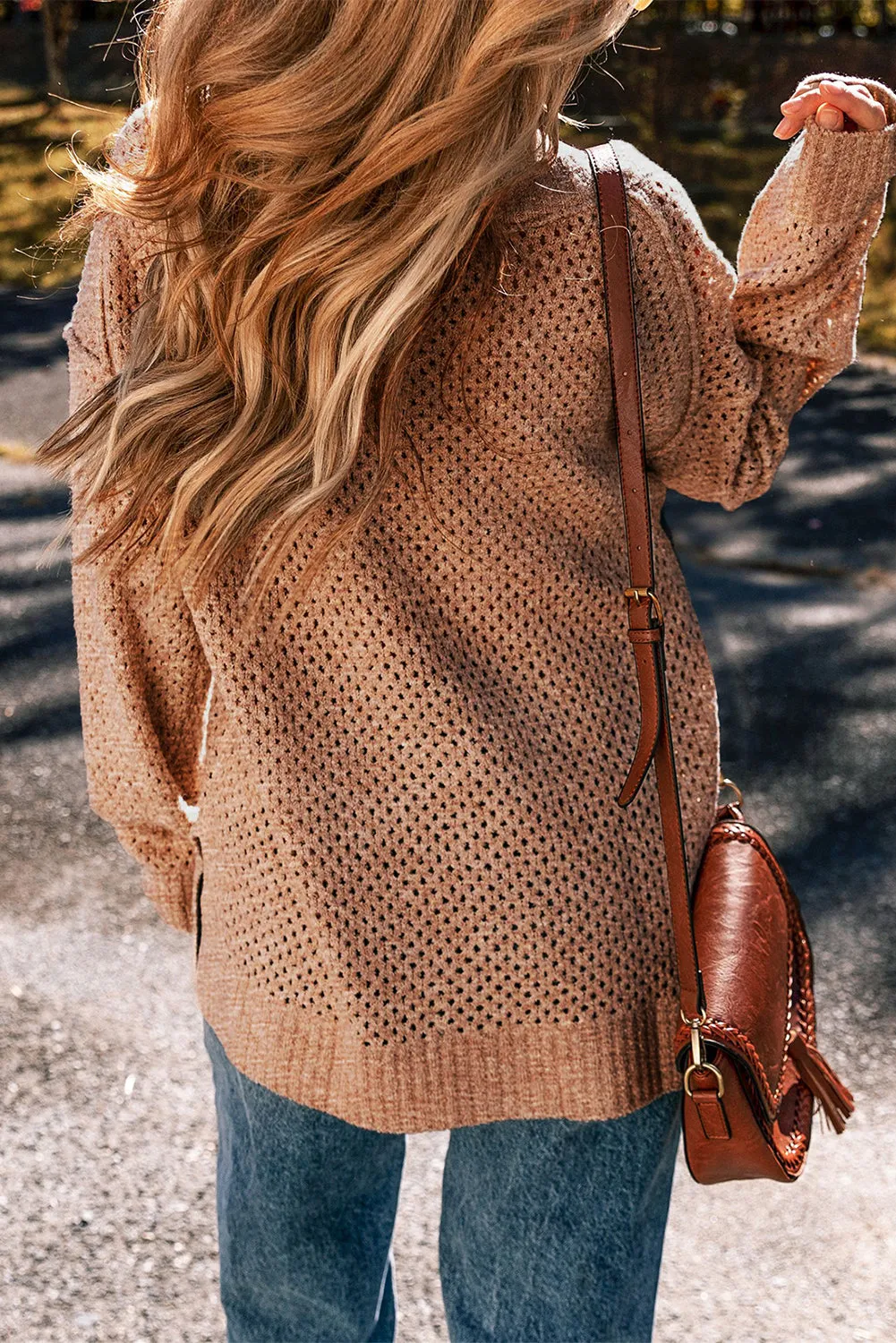 Light Grey Oversized V Neck Drop Shoulder Sweater with Eyelet Detail