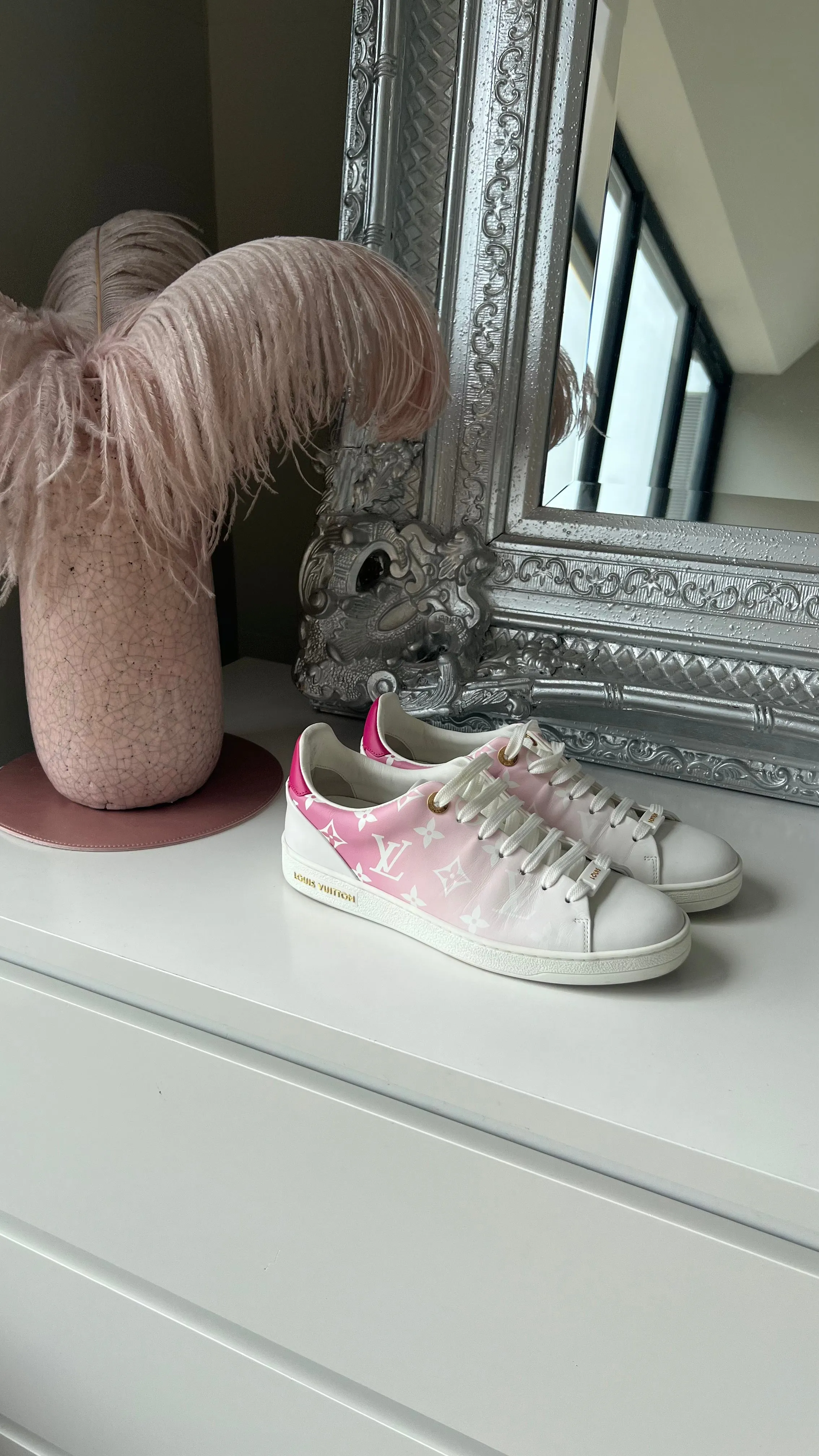 Louis Vuitton Pink/White Front Row LV Monogram logo Leather Trainers UK 3.5 EU 36.5 👠