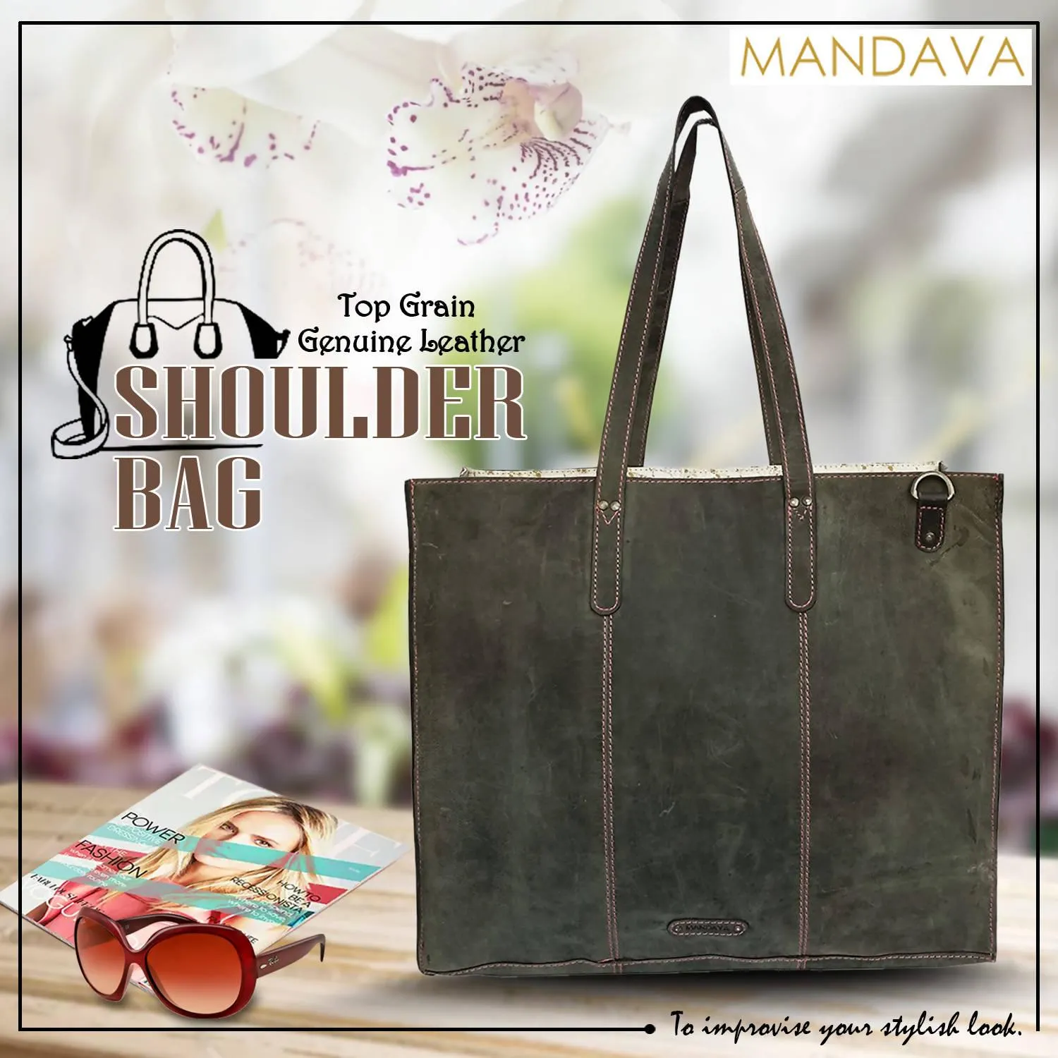 MANDAVA Women's Top Grain Genuine Leather Tote Shoulder Bag for Work Shopping Hunter Leather Big Shopper Bag (Green)