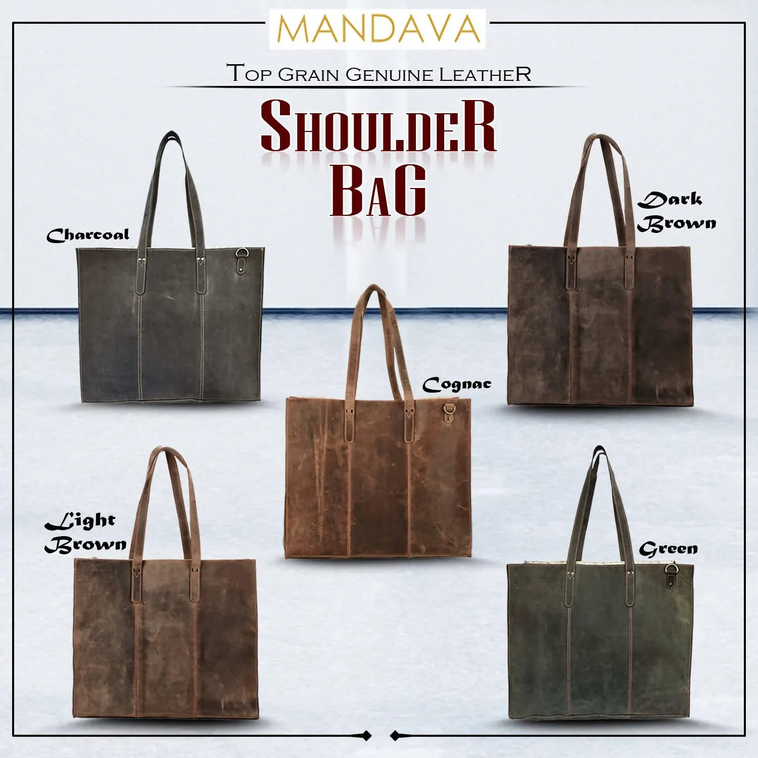MANDAVA Women's Top Grain Genuine Leather Tote Shoulder Bag for Work Shopping Hunter Leather Big Shopper Bag (Green)