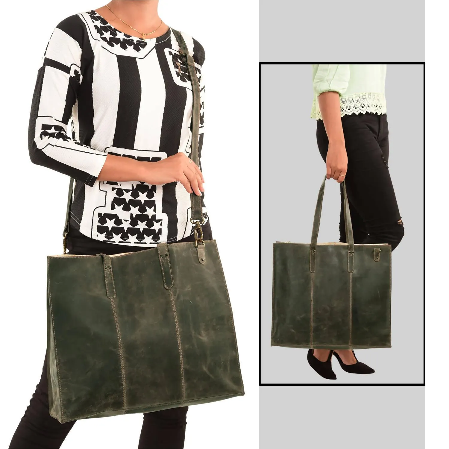 MANDAVA Women's Top Grain Genuine Leather Tote Shoulder Bag for Work Shopping Hunter Leather Big Shopper Bag (Green)