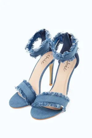 Medium Blue Frayed Denim Strappy Heeled Sandals