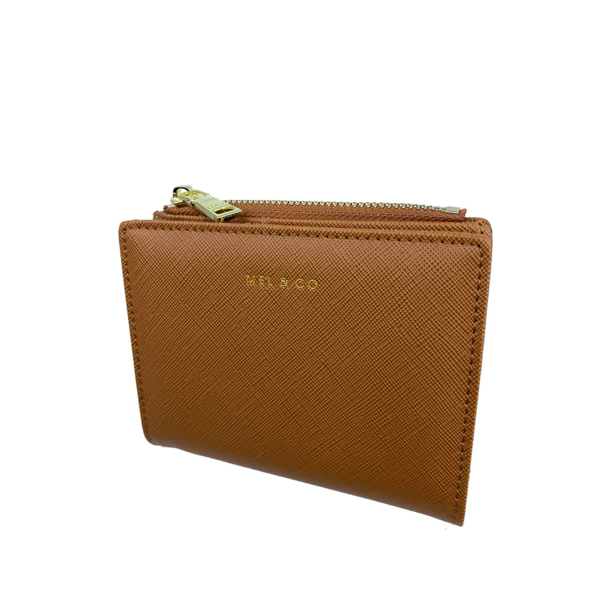 Mel&Co Saffiano-Effect Bifold Compact Snap Wallet Tan