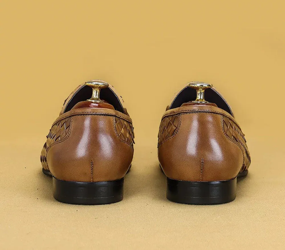 Men's Genuine Leather Handmade Woven Loafer Slip On Business Shoes