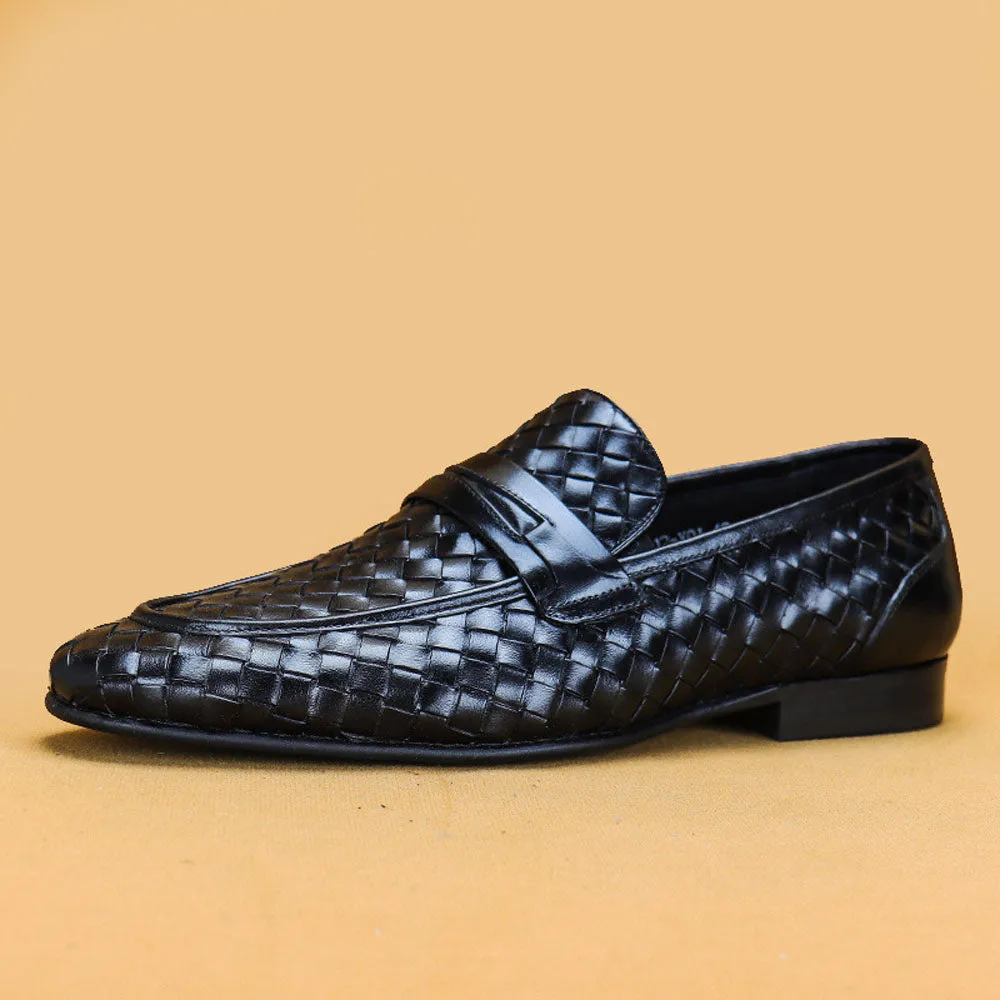 Men's Genuine Leather Handmade Woven Loafer Slip On Business Shoes