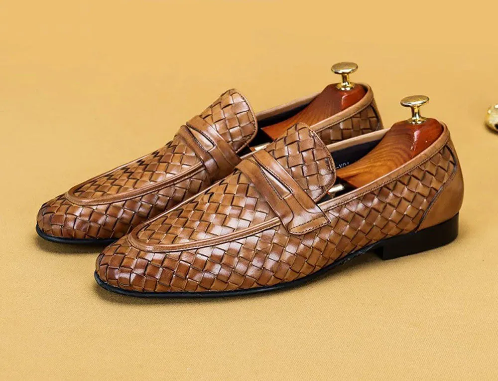 Men's Genuine Leather Handmade Woven Loafer Slip On Business Shoes