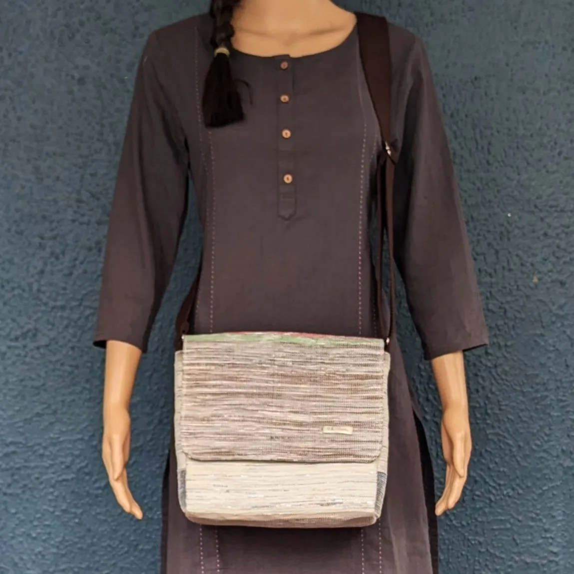 Multicolored Shimmery Upcycled Handwoven Messenger Bag (MB1224-024) PS_W
