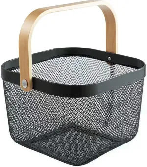 Multifunctional Mesh Basket With Wooden Handle - Grey