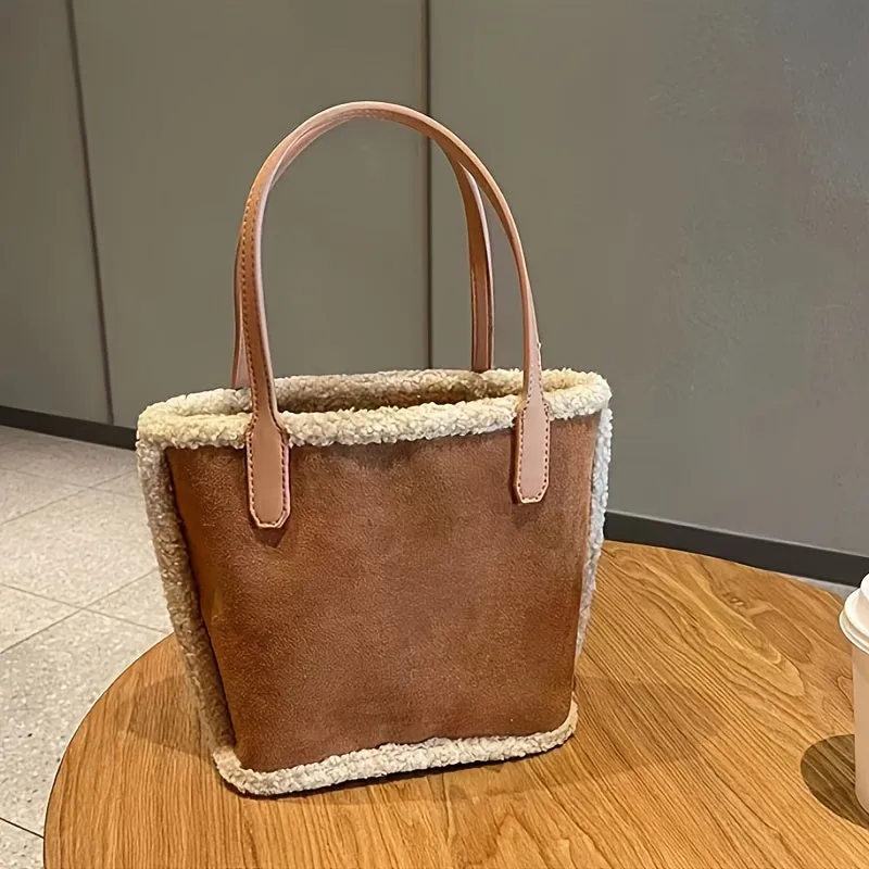Plush Bucket  Perfect Casual Color Blocking Handle Bag,