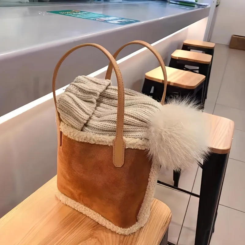 Plush Bucket  Perfect Casual Color Blocking Handle Bag,