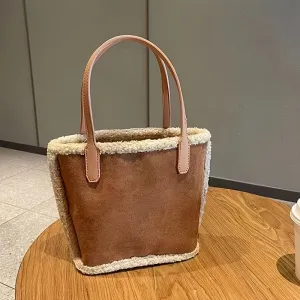 Plush Bucket  Perfect Casual Color Blocking Handle Bag,