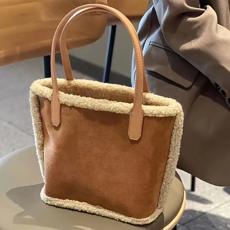 Plush Bucket  Perfect Casual Color Blocking Handle Bag,