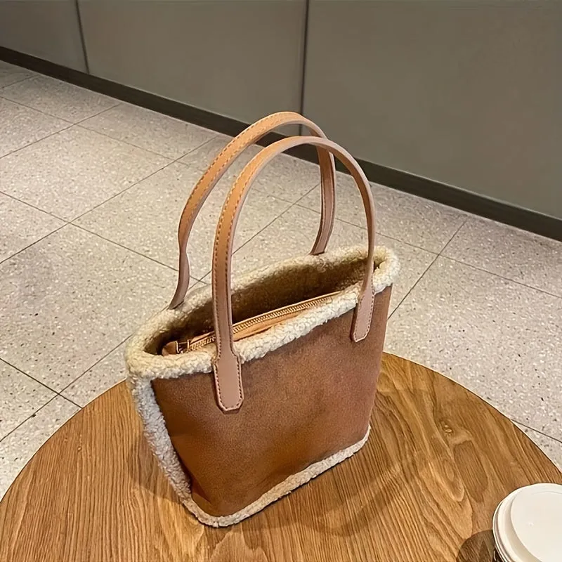 Plush Bucket  Perfect Casual Color Blocking Handle Bag,