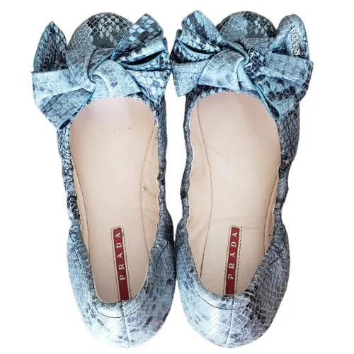 PRADA Multicolor Python Embossed Leather Scrunch Bow Ballet Flats, Size 35.5