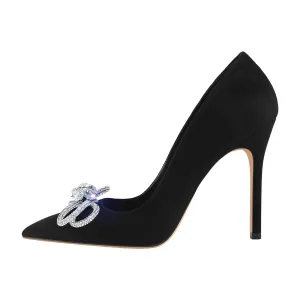 Rhinestone Bow Pointed Toe Black Suede Heels Stiletto Pumps