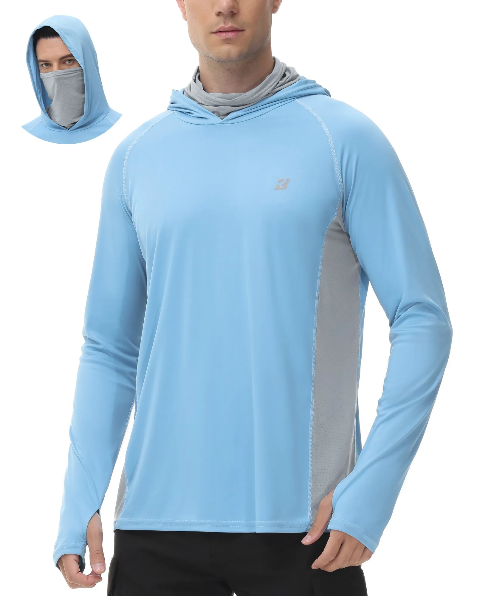 Roadbox Men's Long Sleeve Hoodie - UPF 50  UV Protection Peformance Thumbholes Hooded Shirts with Face Mask for Fishing Hiking Workout