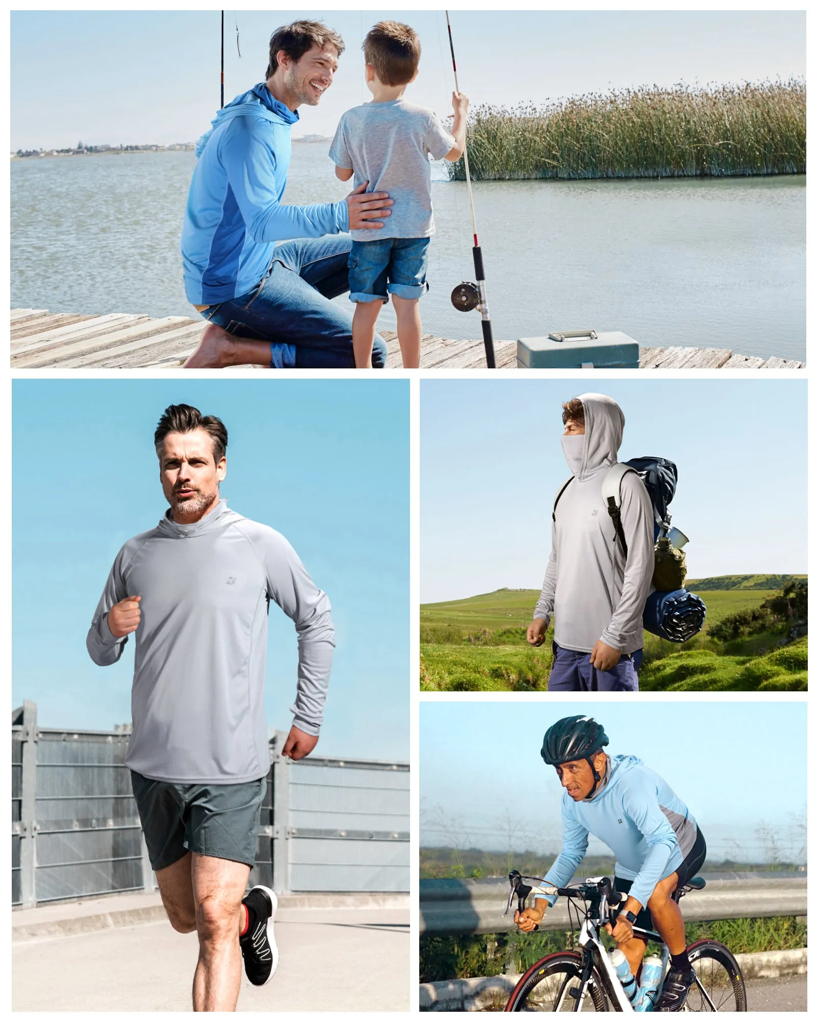 Roadbox Men's Long Sleeve Hoodie - UPF 50  UV Protection Peformance Thumbholes Hooded Shirts with Face Mask for Fishing Hiking Workout