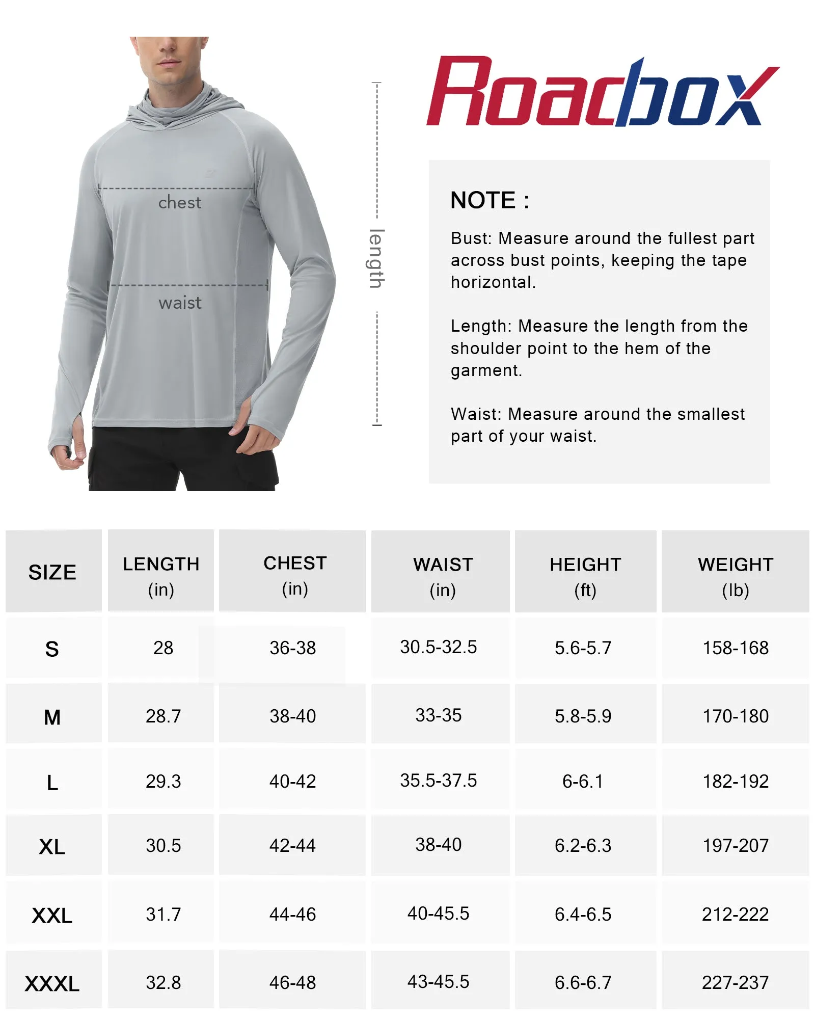 Roadbox Men's Long Sleeve Hoodie - UPF 50  UV Protection Peformance Thumbholes Hooded Shirts with Face Mask for Fishing Hiking Workout