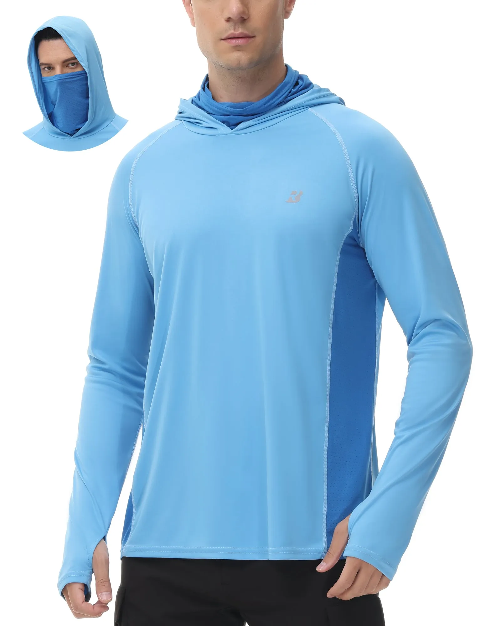 Roadbox Men's Long Sleeve Hoodie - UPF 50  UV Protection Peformance Thumbholes Hooded Shirts with Face Mask for Fishing Hiking Workout