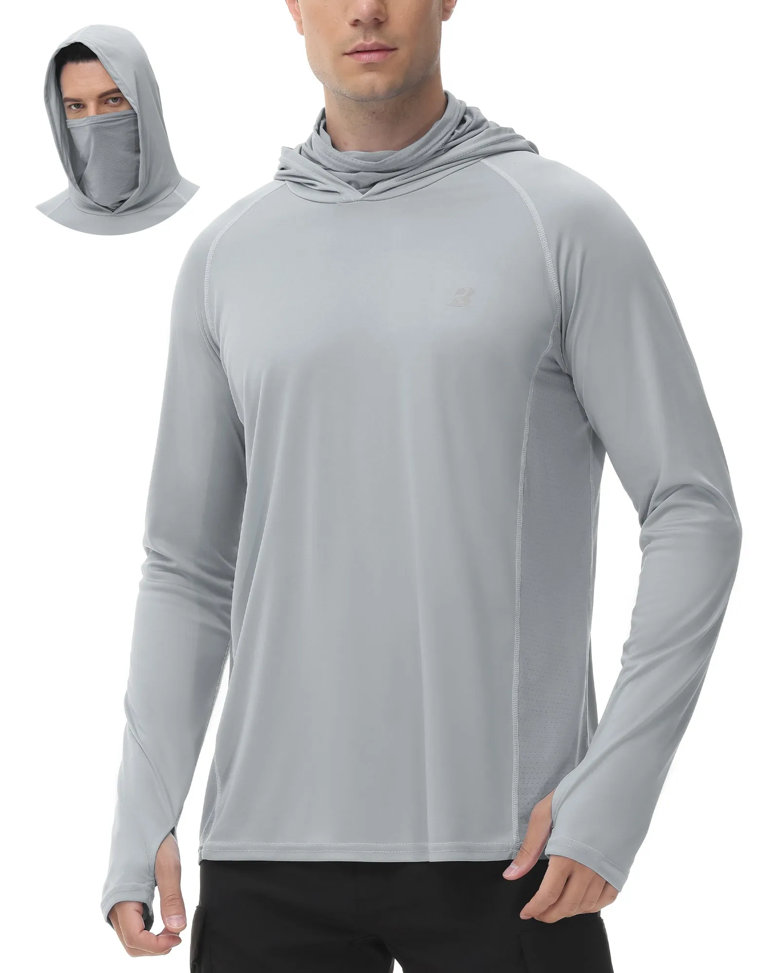 Roadbox Men's Long Sleeve Hoodie - UPF 50  UV Protection Peformance Thumbholes Hooded Shirts with Face Mask for Fishing Hiking Workout