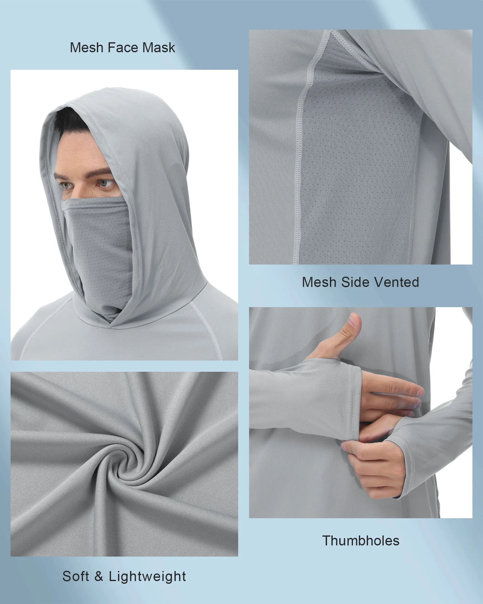 Roadbox Men's Long Sleeve Hoodie - UPF 50  UV Protection Peformance Thumbholes Hooded Shirts with Face Mask for Fishing Hiking Workout